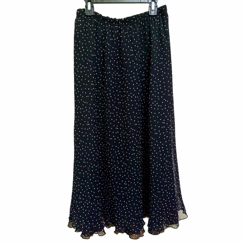VTG Briggs NY Skirt Women Black Polka Dot Chiffon Ruffle Hem Office Party Sz PM